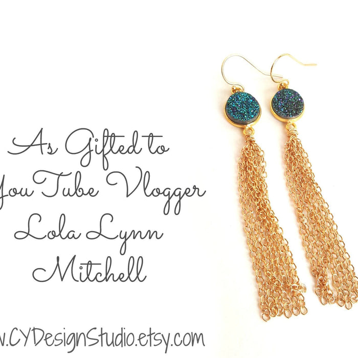 Gifted to Lola Lynn (YouTuber) – Green Druzy & Tassel Earrings (2016)