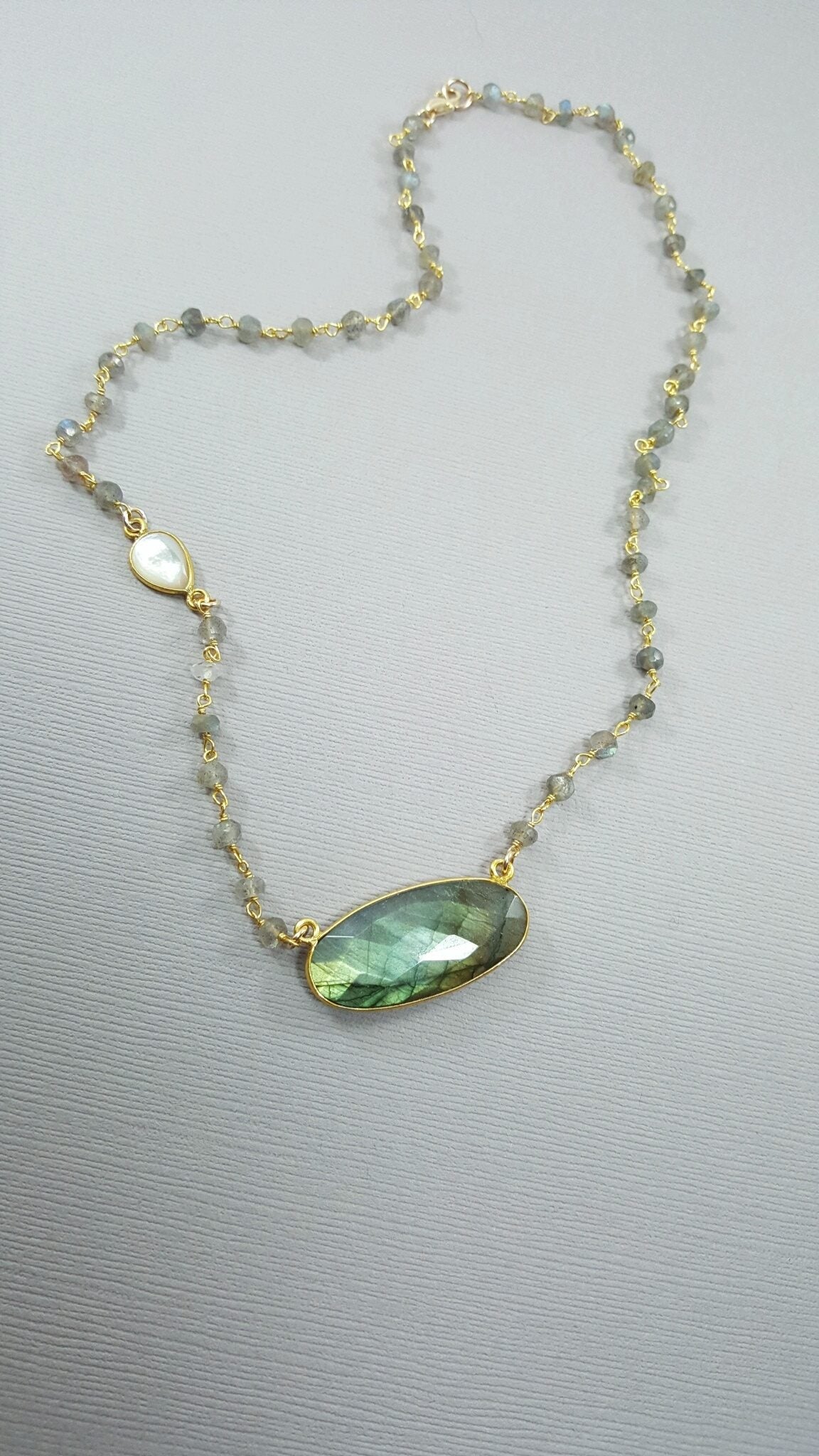 Bones, Season 12 – Labradorite & Pearl Gold Rosary Necklace