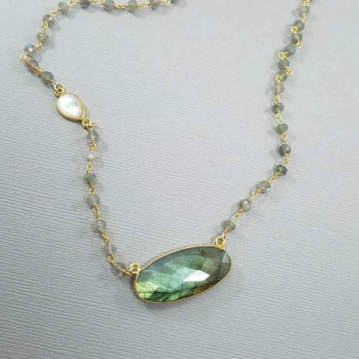 Bones, Season 12 – Labradorite & Pearl Gold Rosary Necklace