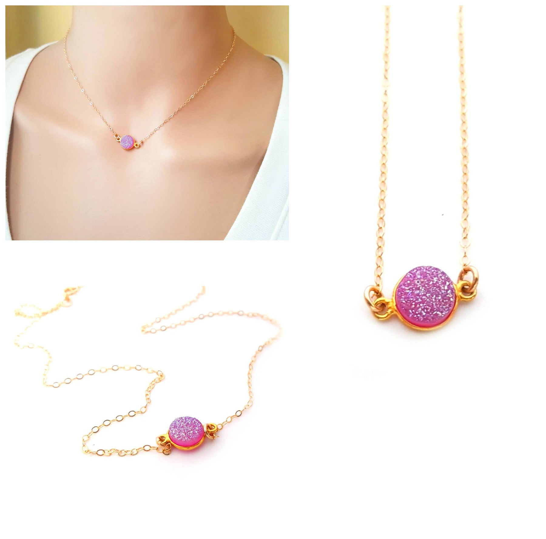 Fabiola (FabFashionReviews, YouTube) – Hot Pink Druzy Choker in 14k Gold Fill