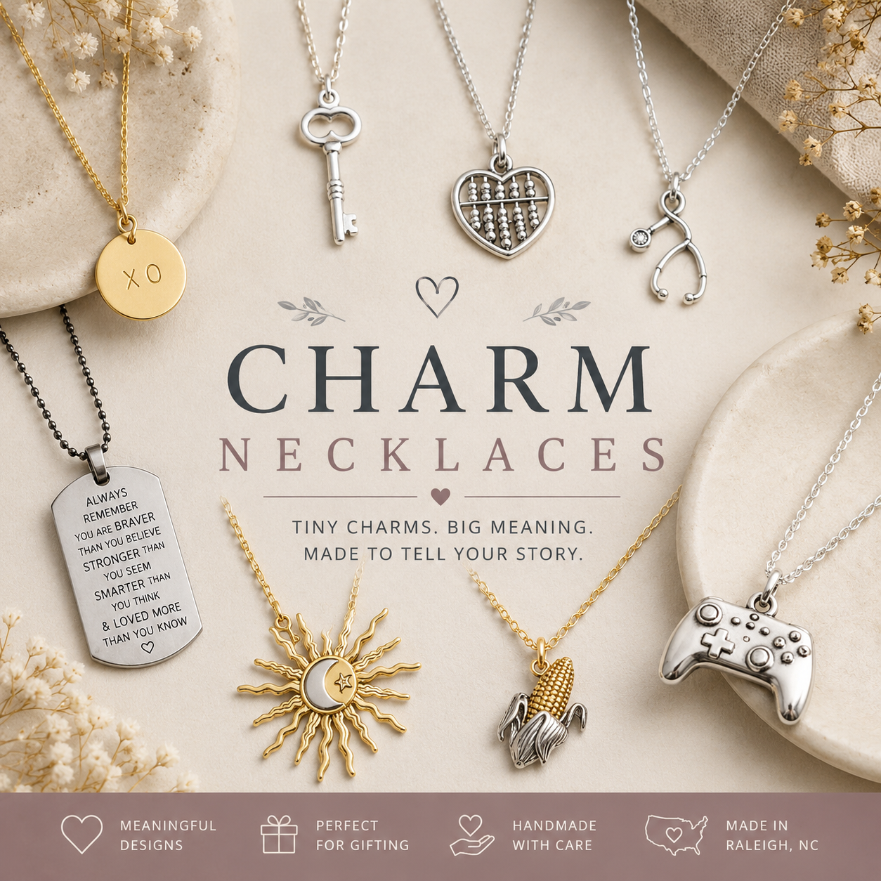 Charm necklace collection featuring handmade key, heart, stethoscope, sun, corn, game controller and inspirational pendant necklaces