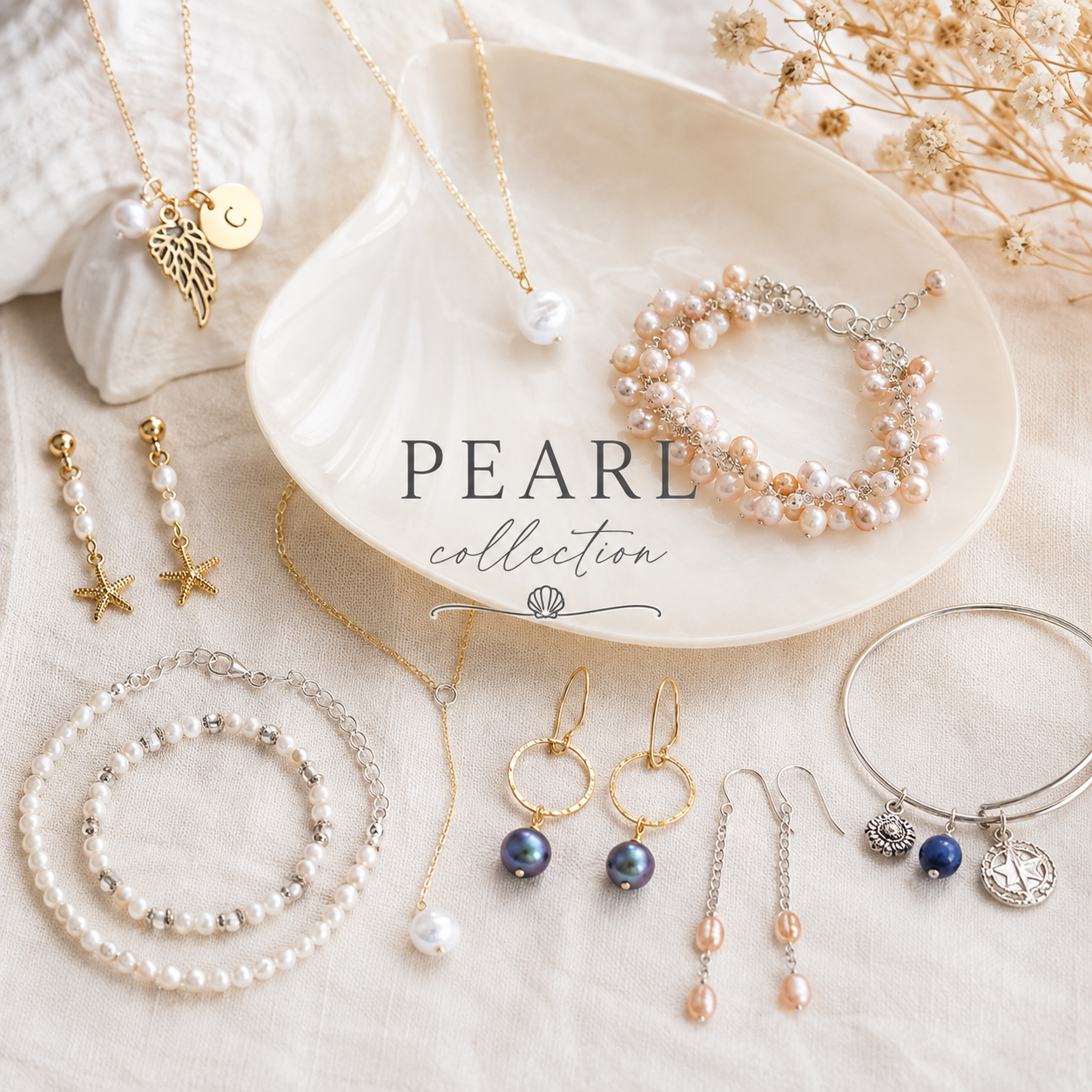Pearl jewelry collection featuring freshwater pearl necklaces, bracelets and earrings in gold and silver