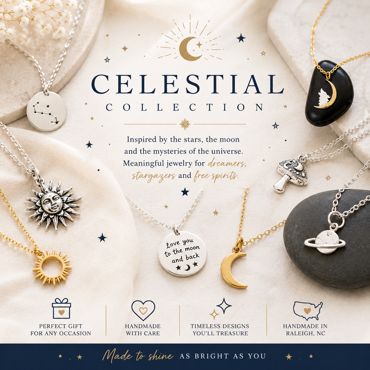 Celestial-themed jewelry display featuring moon, star, and cosmic-inspired pieces arranged on a soft velvet surface. 