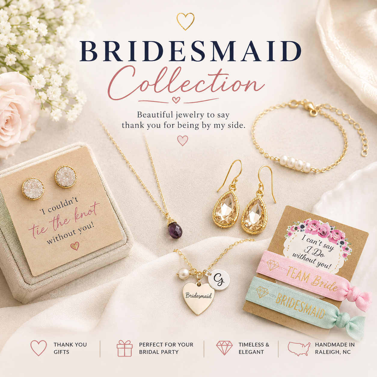 Bridesmaid jewelry collection featuring necklaces, earrings, pearl bracelets and bridal party thank you gifts