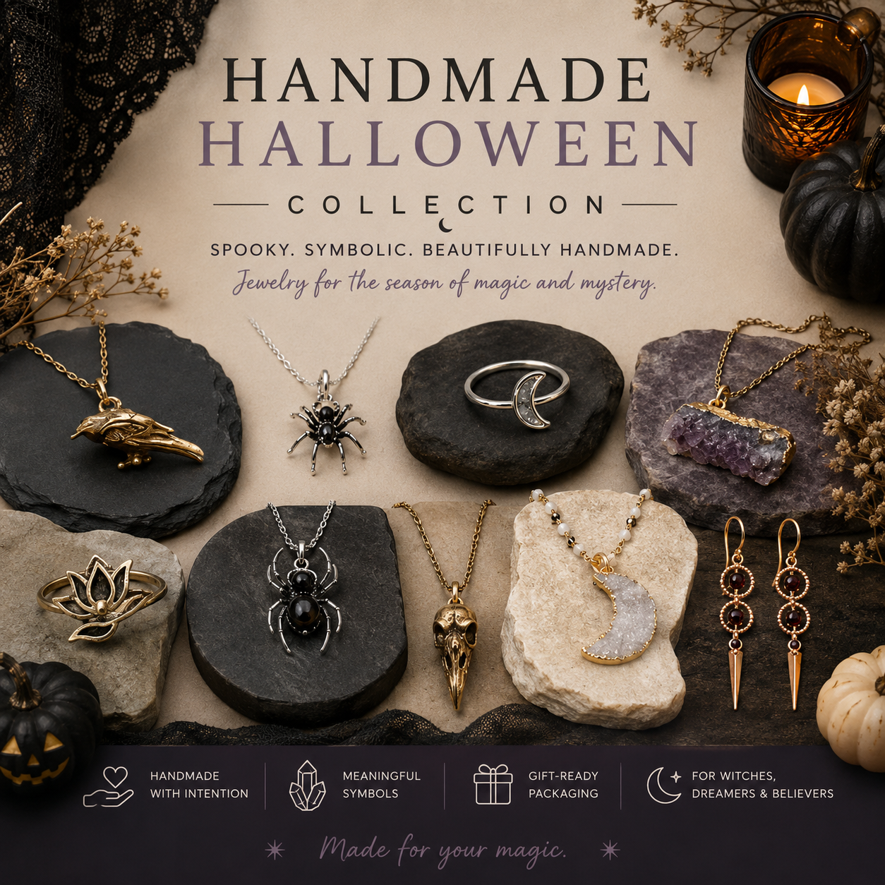 Handmade Halloween jewelry collection featuring spider, raven, skull, moon and gemstone necklaces, rings and earrings
