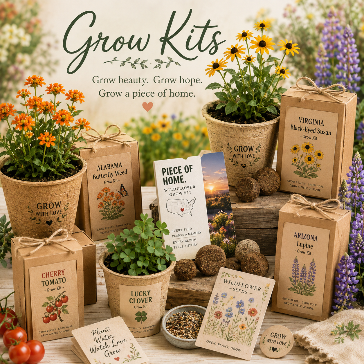 Grow kit collection featuring wildflower seeds, biodegradable pots, soil pellets and gift-ready state-themed planting kits