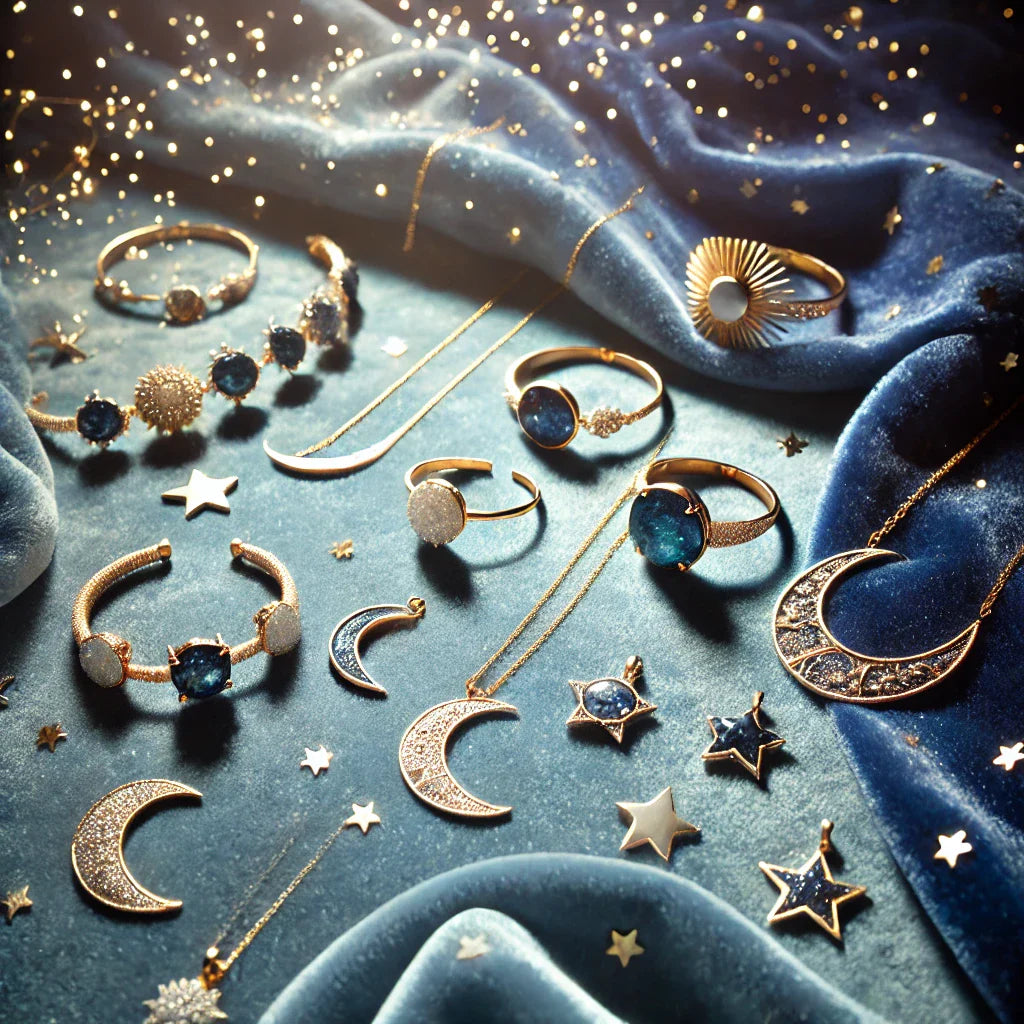 Celestial-themed jewelry display featuring moon, star, and cosmic-inspired pieces arranged on a soft velvet surface. 