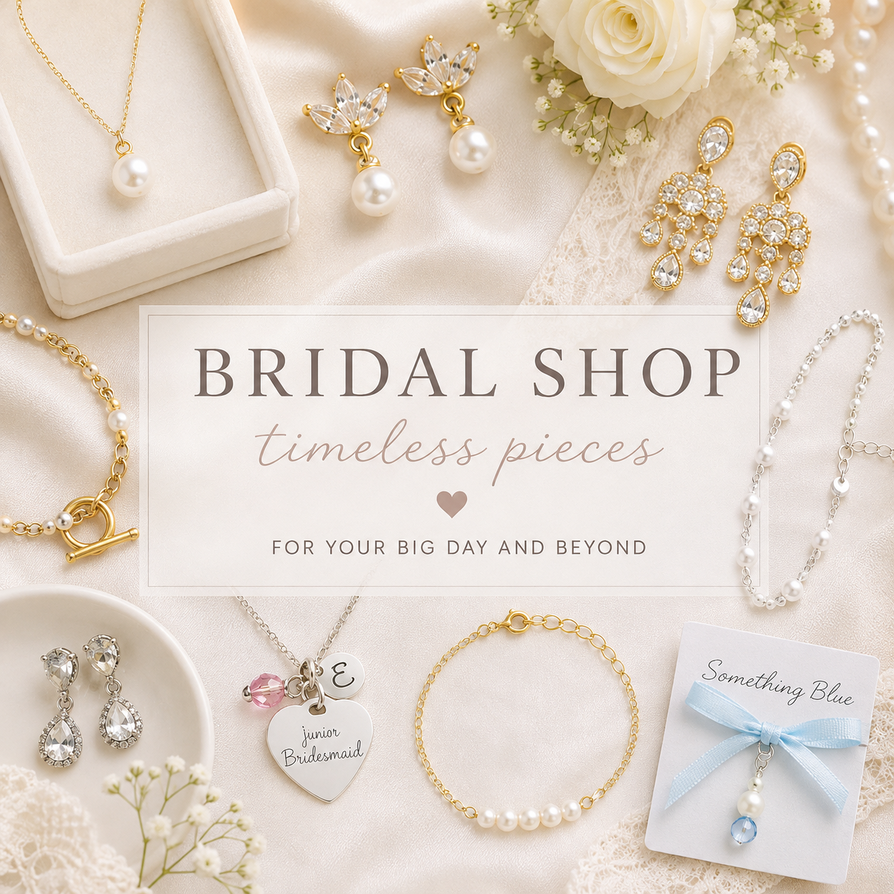 Bridal jewelry collection featuring pearl necklaces, bracelets, crystal earrings and personalized bridesmaid gifts