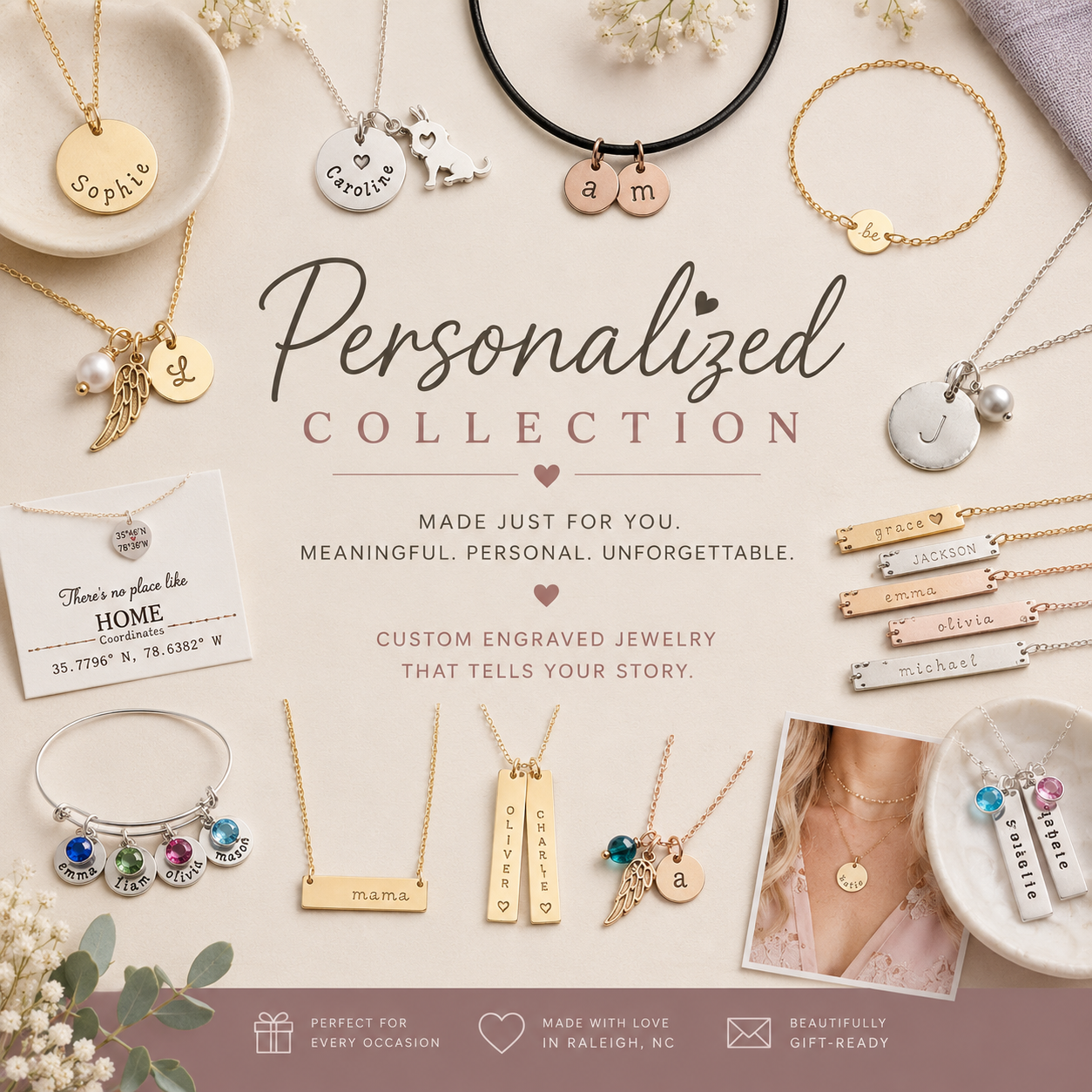 Personalized handmade jewelry collection featuring custom name, initial, birthstone and engraved necklaces and bracelets