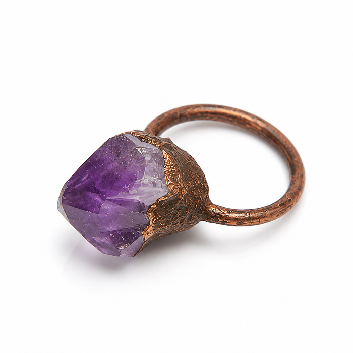 OOAK Raw Amethyst Crystal Ring | Electroformed Copper Statement Ring | Size 6.5