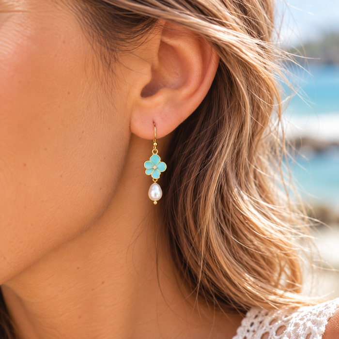 Aqua Flower & Pearl Earrings – 14K Gold Filled