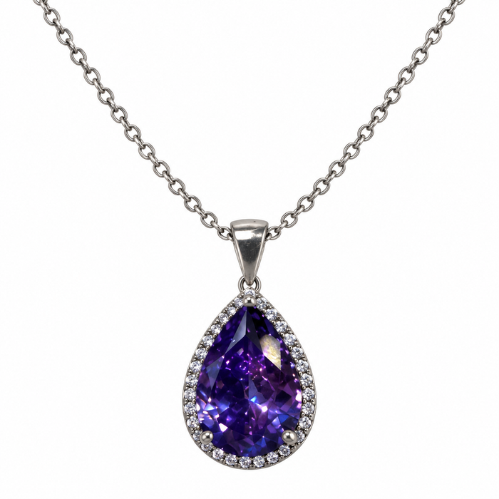Amethyst Glass Halo Necklace in Sterling Silver