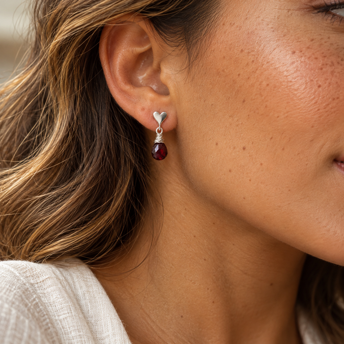 Tiny Garnet Heart Stud Drop Earrings