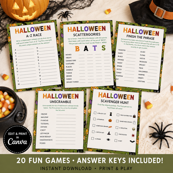 Halloween Party Games Bundle | 20 Printable Halloween Games | Editable in Canva
