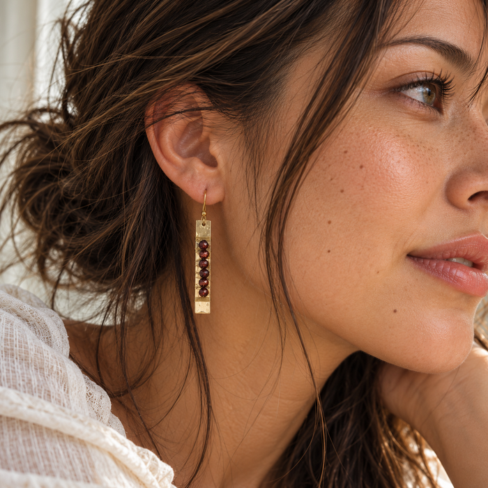 Gold-Filled Hammered Bar Garnet Earrings
