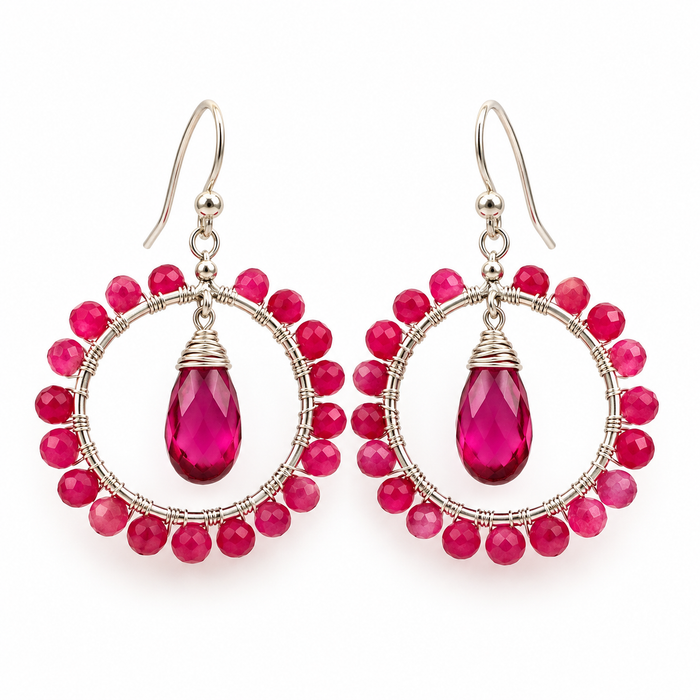 Pink Sapphire & Rubellite Gemstone Hoop Earrings – Sterling Silver