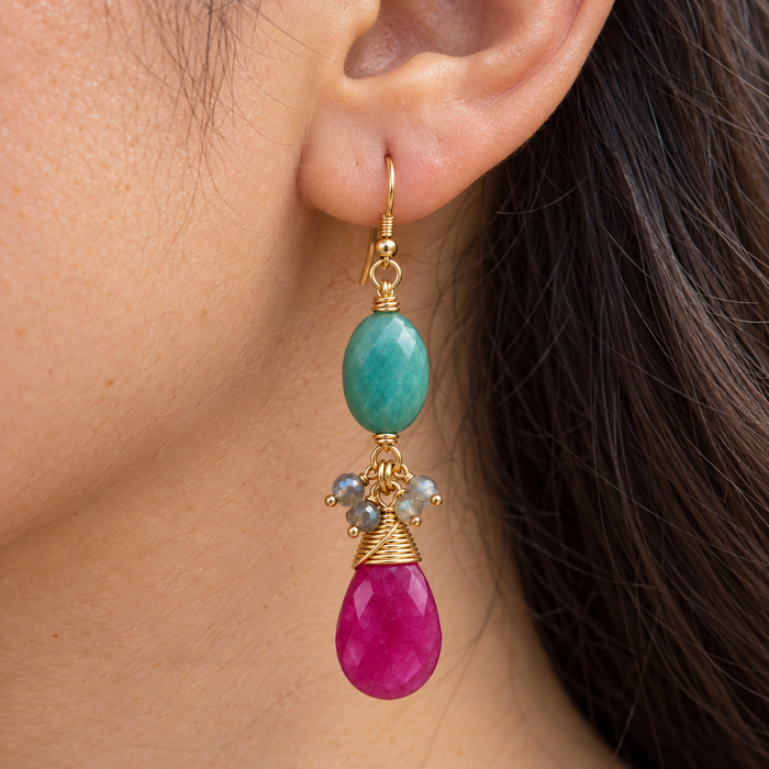 Hot Pink & Seafoam Green Gemstone Earrings