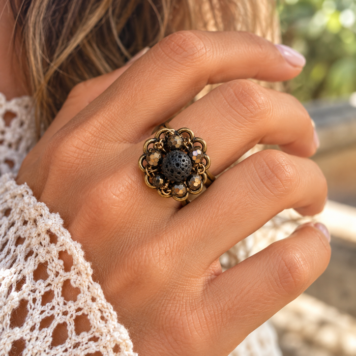OOAK Lava Rock & Czech Glass Adjustable Brass Ring