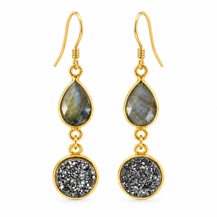 Labradorite & Gray Druzy Drop Earrings – 14k Gold Filled
