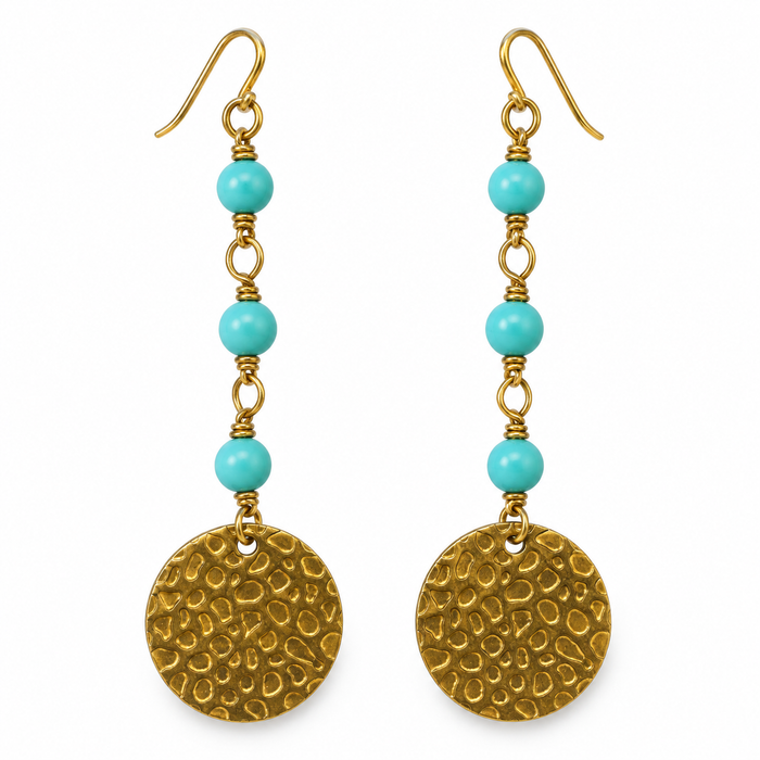 Turquoise Czech Glass & Textured Brass Earrings — OOAK