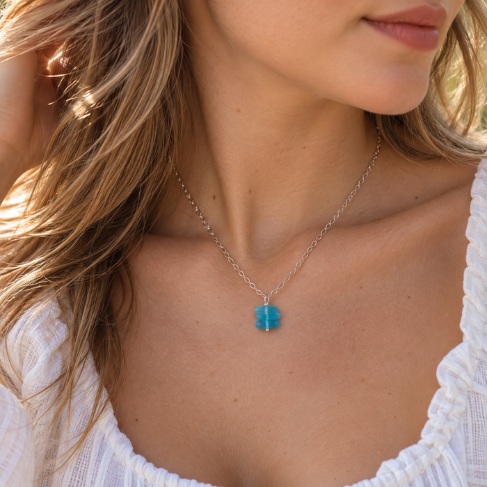 Aqua Sea Glass Trio Stack Necklace – Sterling Silver, 18”