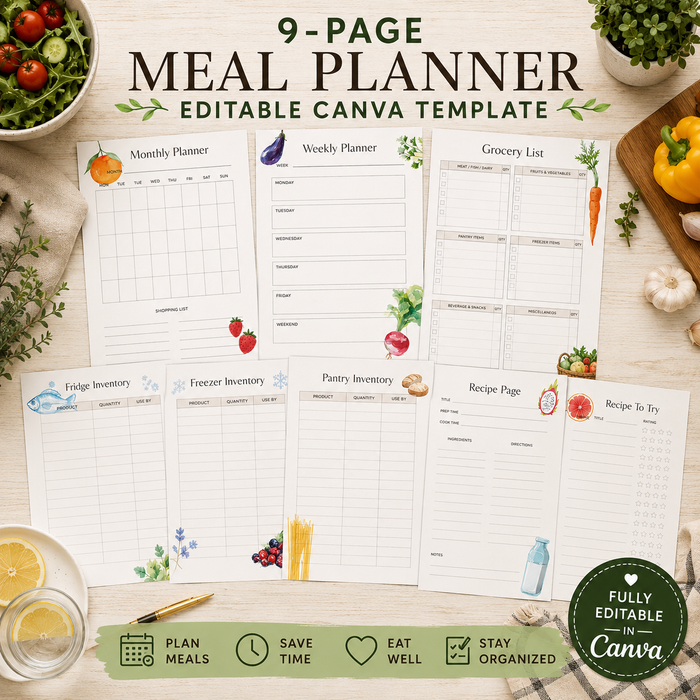 Meal Planner Printable Bundle | 9 Editable Canva Templates