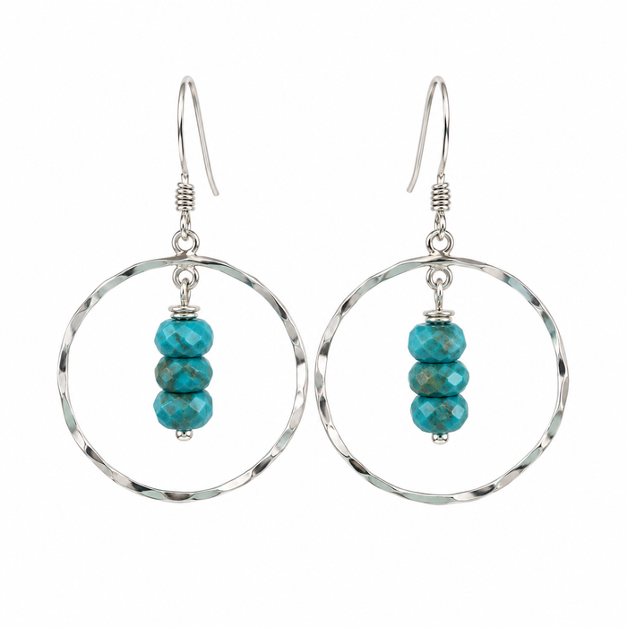 Hammered Circle Earrings with Turquoise - Sterling Silver