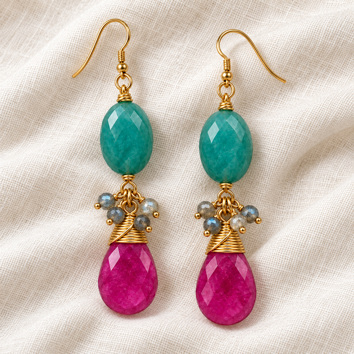 Hot Pink & Seafoam Green Gemstone Earrings