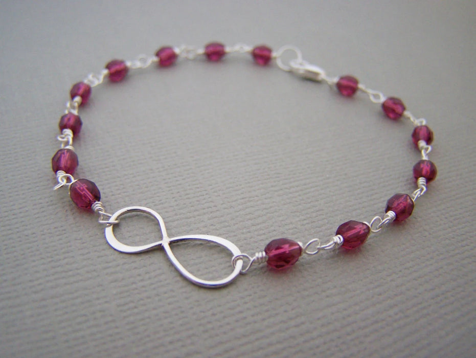 Fuchsia Czech Glass Sterling Silver Infinity Wire Wrapped Bracelet