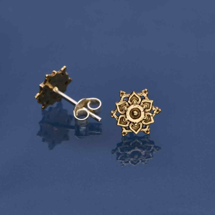Bronze Lotus Mandala Stud Earrings – Petite 10x10mm, Sterling Silver Posts, Handmade