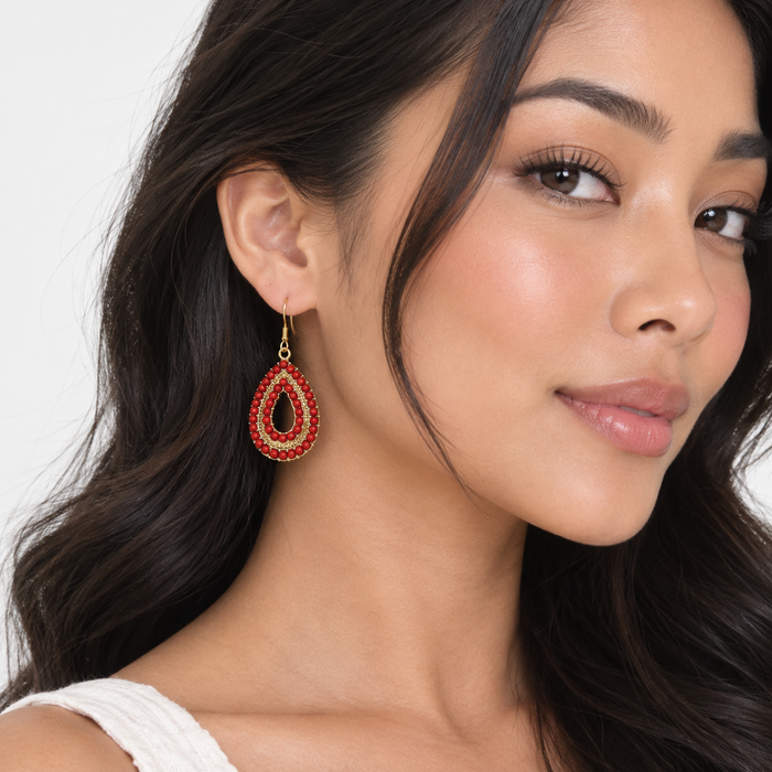 Red Beaded Teardrop Drop Earrings
