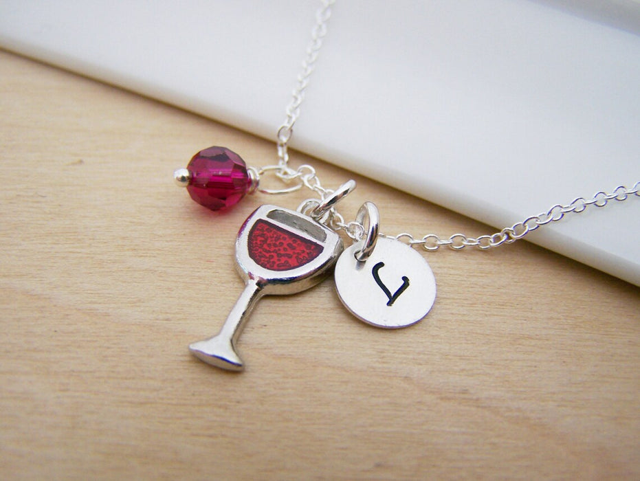 Glass of Wine Necklace – Sterling Silver with Birthstone & Initial Charm