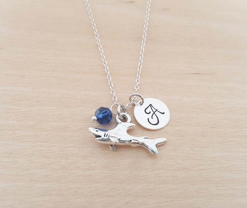 Shark Necklace – Sterling Silver with Birthstone & Initial Charm