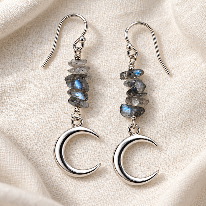 Labradorite Crescent Moon Earrings – Sterling Silver