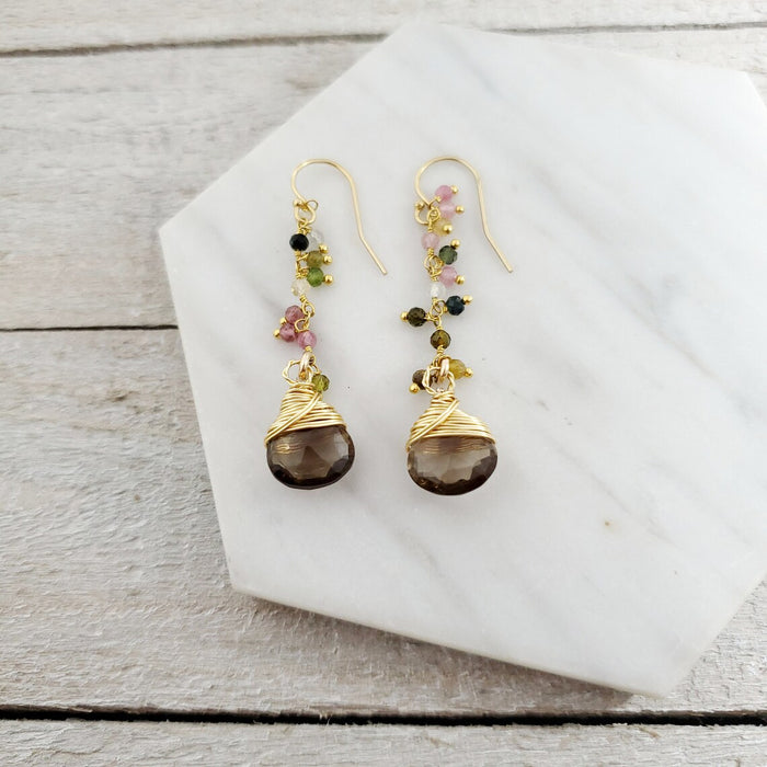 Smokey Topaz and Rainbow Tourmaline Gemstone 14k Gold Filled Earrings