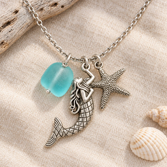 Mermaid and Sea Glass Sterling Silver Necklace