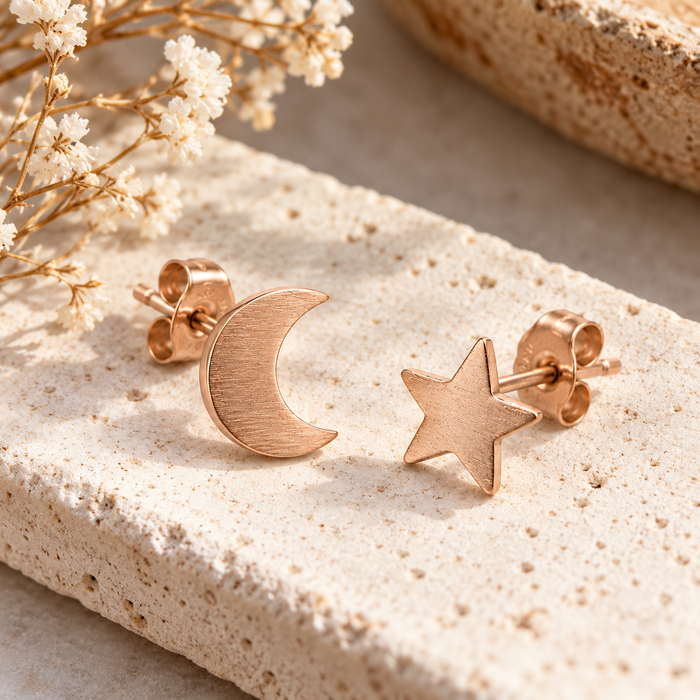 Mismatched Moon & Star Stud Earrings – Rose Gold Stainless Steel