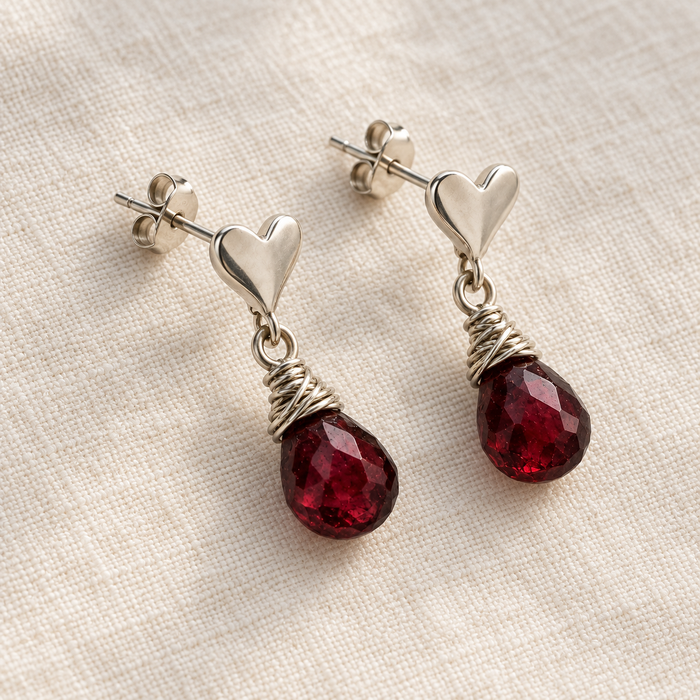 Tiny Garnet Heart Stud Drop Earrings