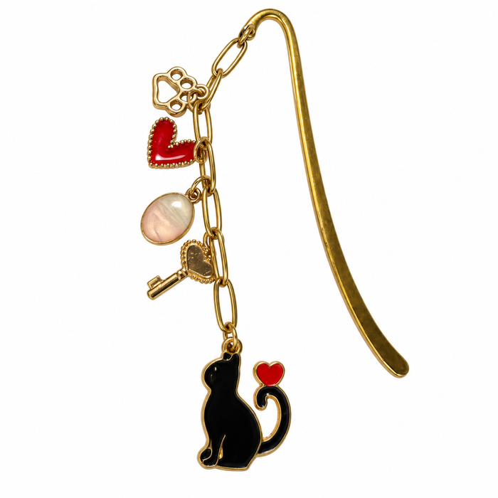 Black Cat & Heart Charm Bookmark