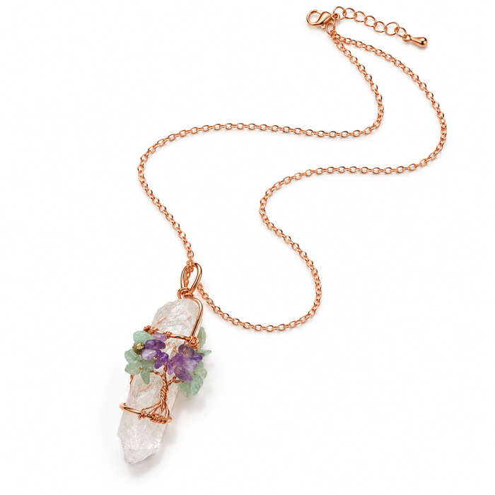 Quartz Crystal Tree of Life Necklace – Amethyst & Aventurine