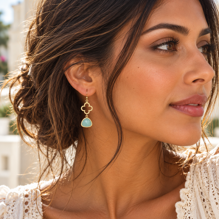 Gold Clover & Aqua Glass Drop Earrings – 14k Gold Filled