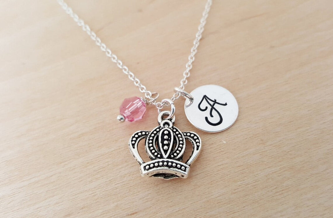 Crown Necklace – Sterling Silver with Birthstone & Initial Charm