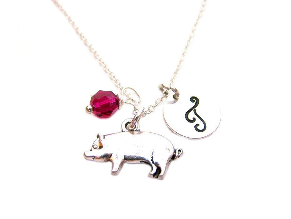 Pig Necklace – Sterling Silver with Birthstone & Initial Charm