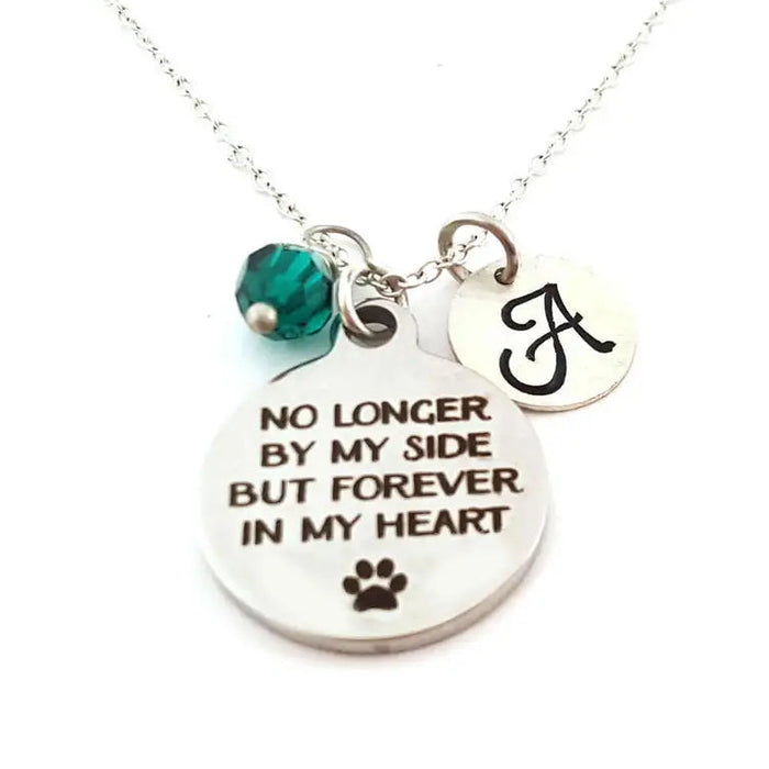 Pet Memorial Necklace – “No Longer by My Side, But Forever in My Heart” – Sterling Silver with Birthstone & Initial