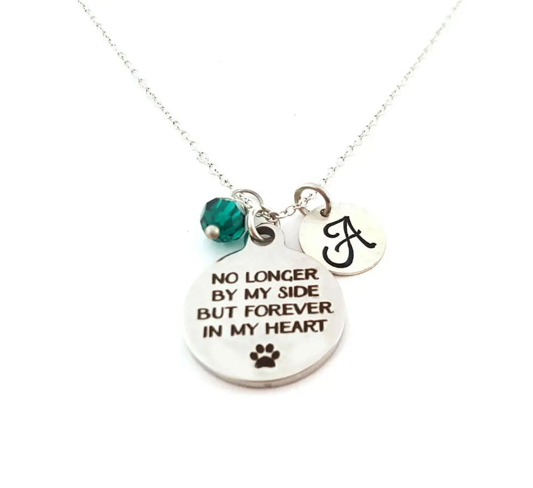 Pet Memorial Necklace – “No Longer by My Side, But Forever in My Heart” – Sterling Silver with Birthstone & Initial