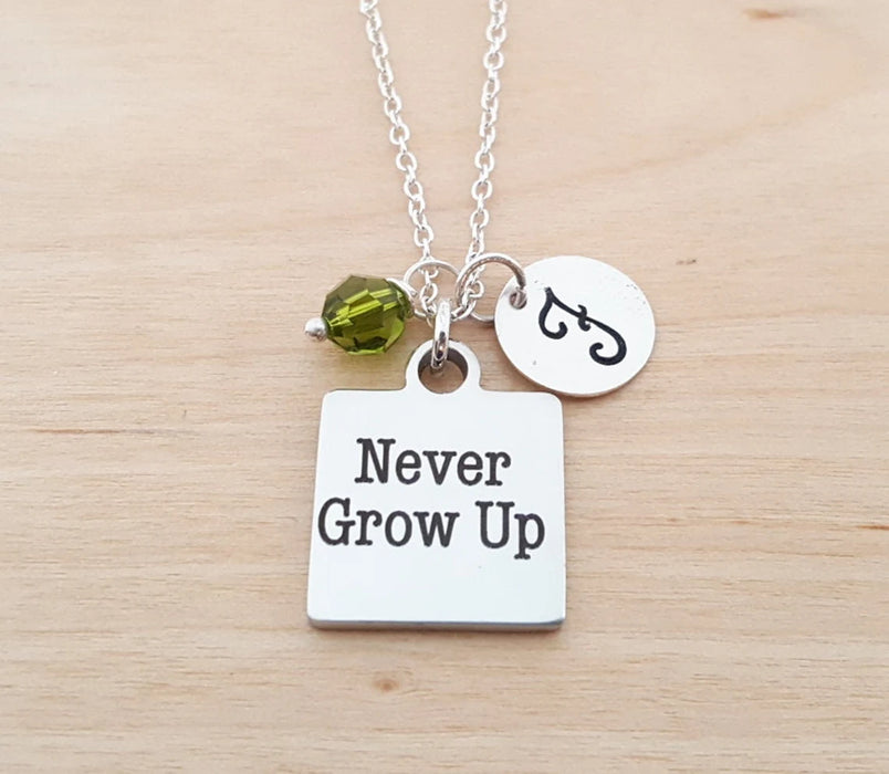 Never Grow Up Necklace – Sterling Silver with Birthstone & Initial Charm