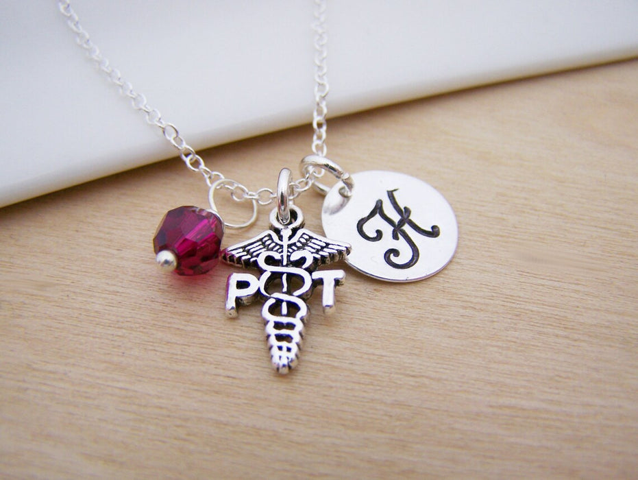 Physical Therapist Necklace – Sterling Silver with Birthstone & Initial Charm