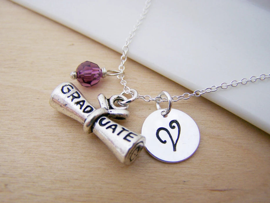 Graduation Diploma Necklace – Sterling Silver with Birthstone & Initial Charm