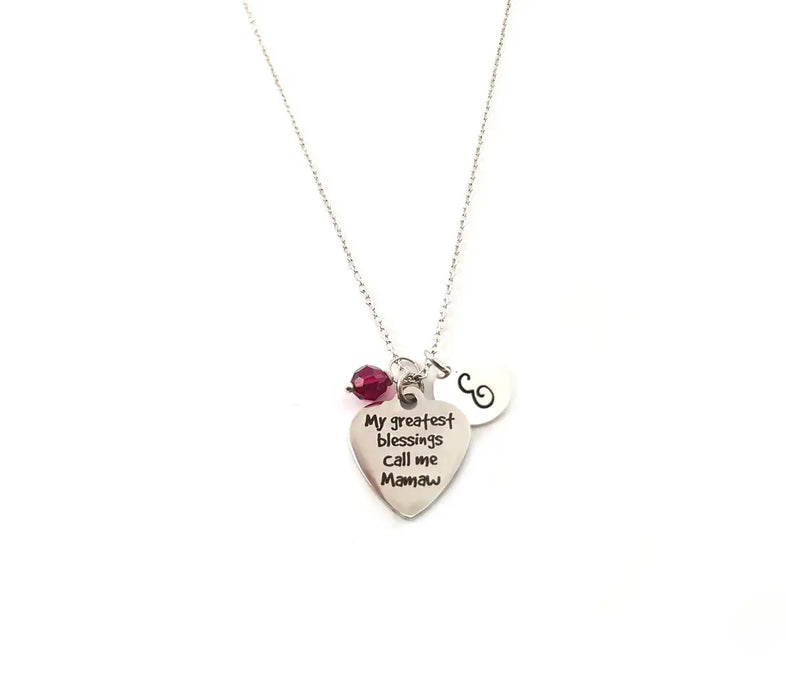 Call Me Mamaw Necklace – Sterling Silver with Birthstone & Initial Charm
