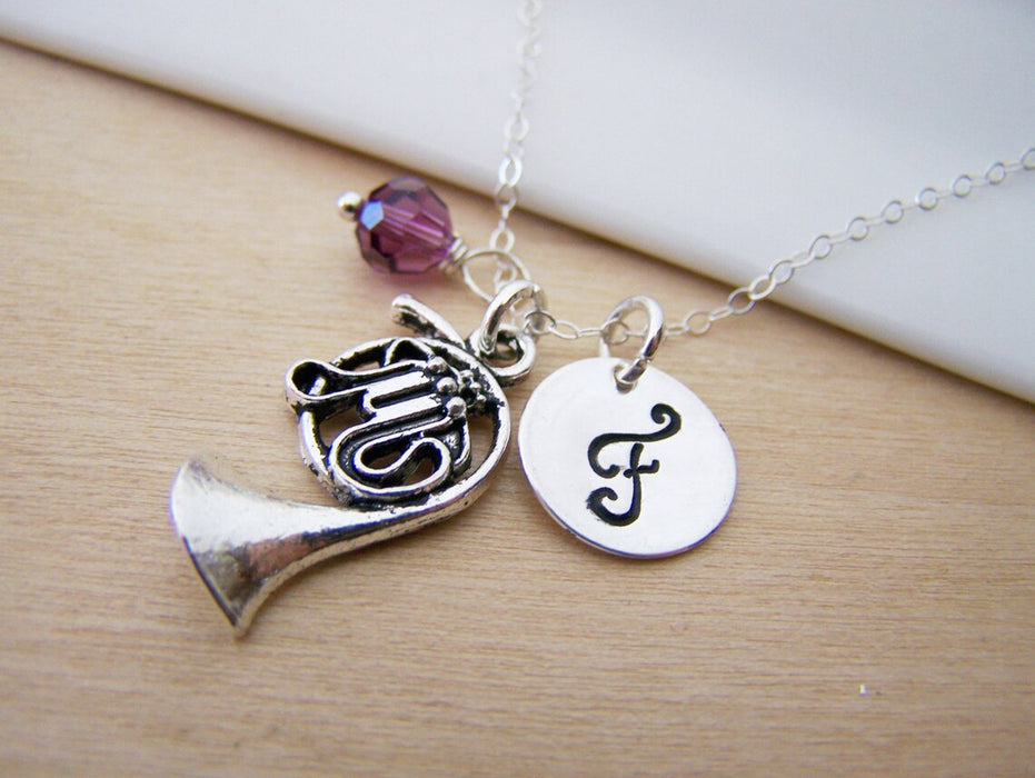 French Horn Necklace – Sterling Silver with Birthstone & Initial Charm